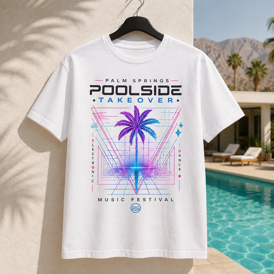 White Stay Wet Poolside Takeover Palm Tree V front graphic tee, Palm Springs Special Edition