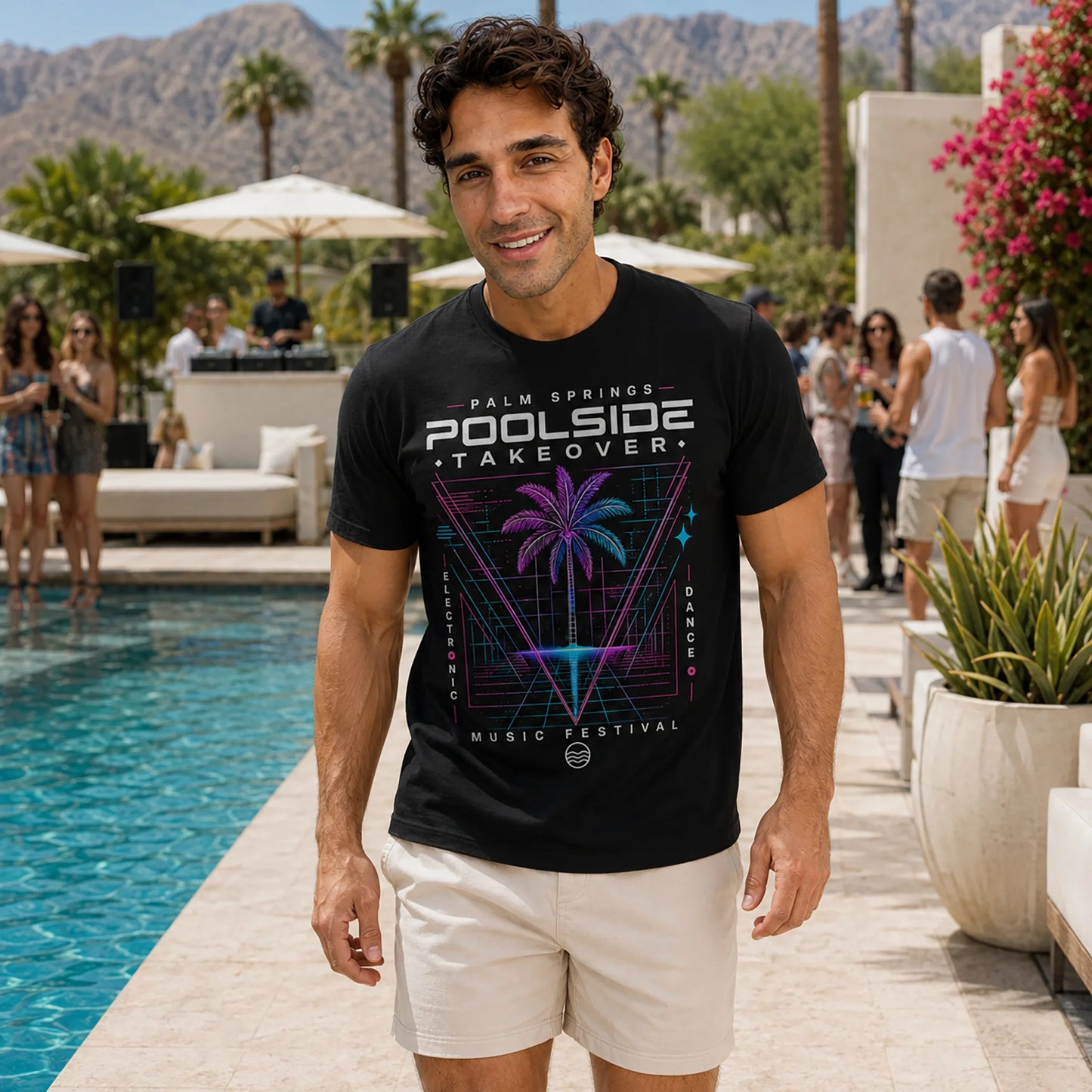Alex wearing the black Stay Wet Poolside Takeover Palm Tree V tee at a Palm Springs pool party