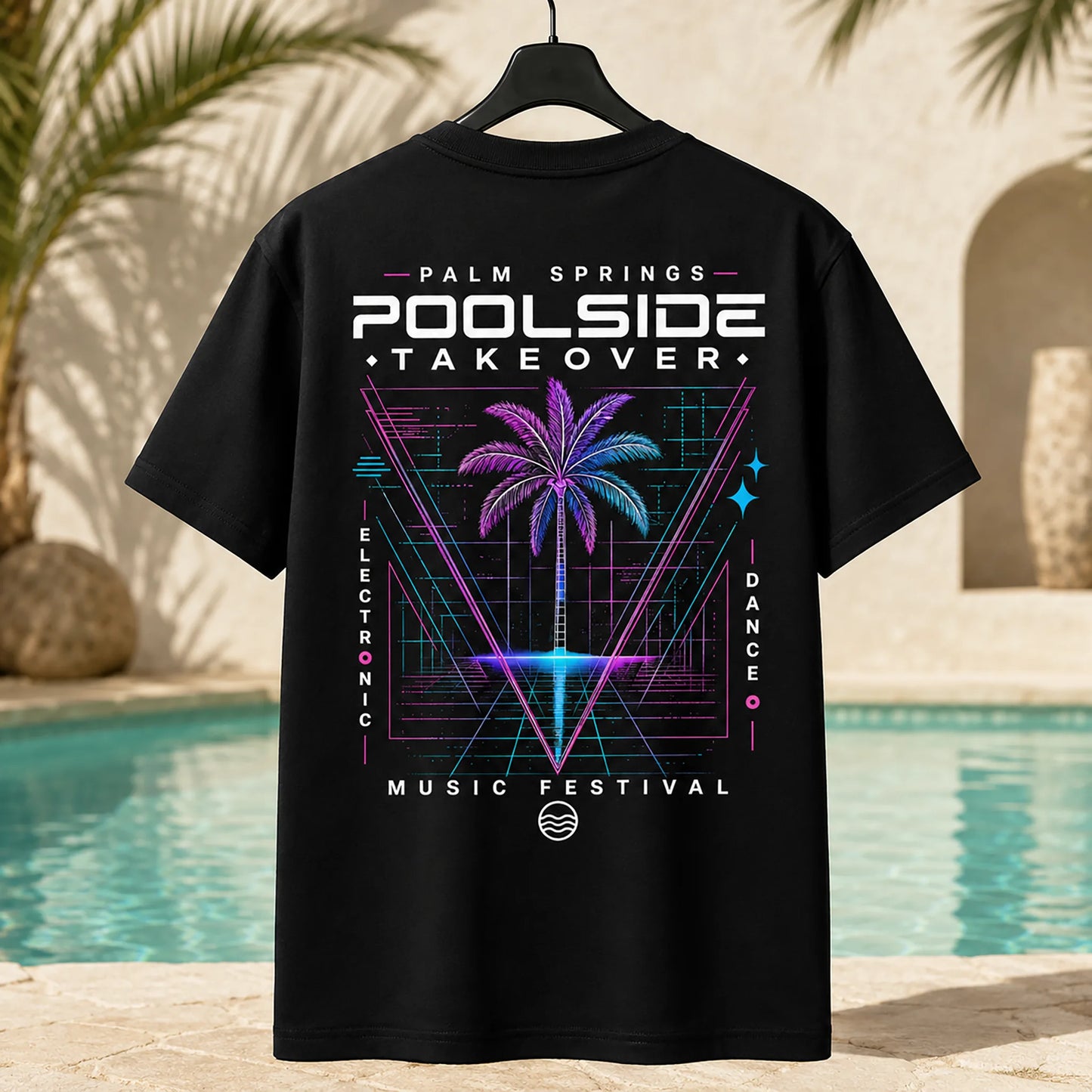 Black Stay Wet Poolside Takeover Palm Tree V tee with large neon back graphic
