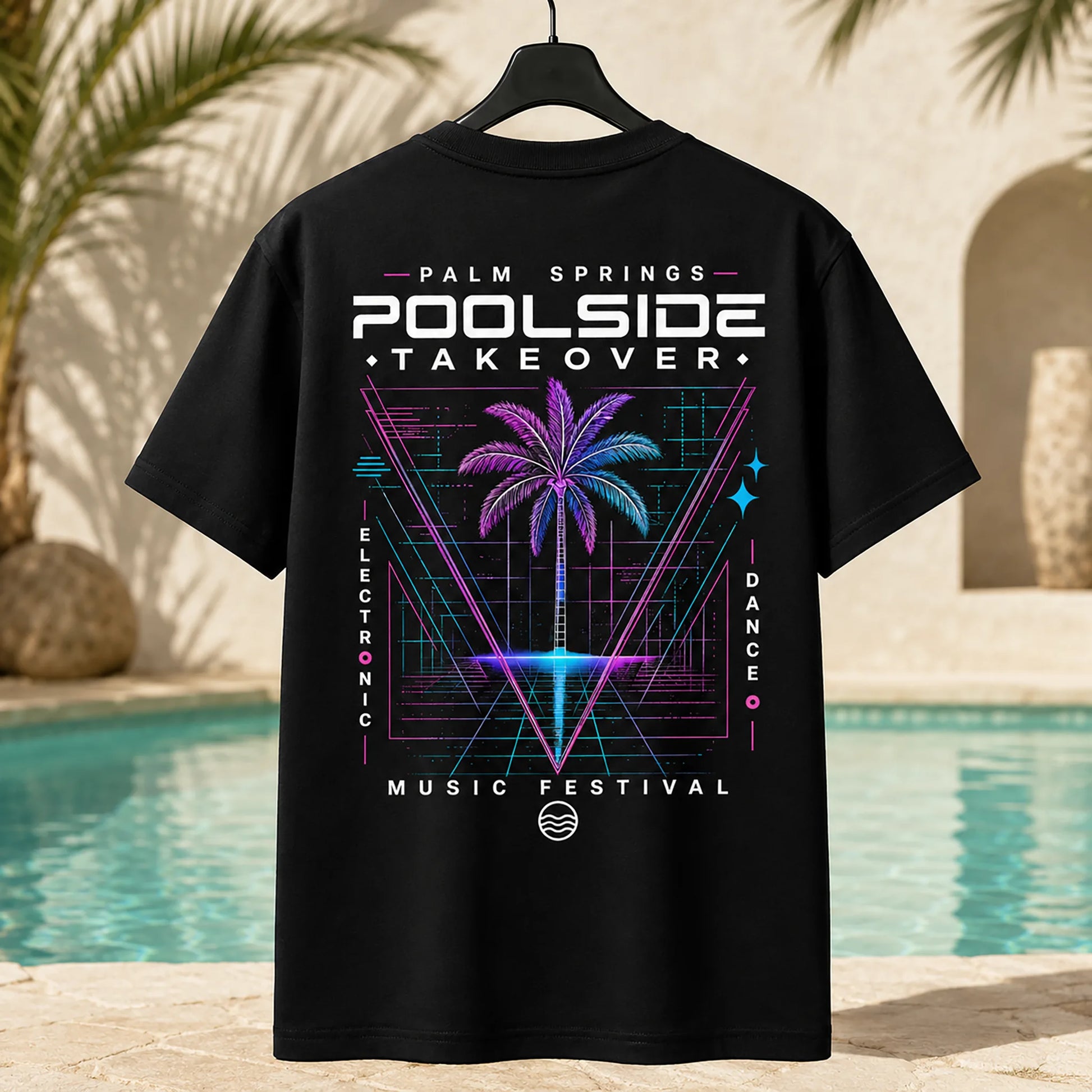 Black Stay Wet Poolside Takeover Palm Tree V tee with large neon back graphic