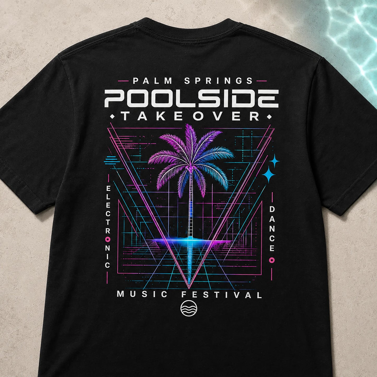 Close-up of the large Poolside Takeover Palm Tree V back graphic on a black Stay Wet tee