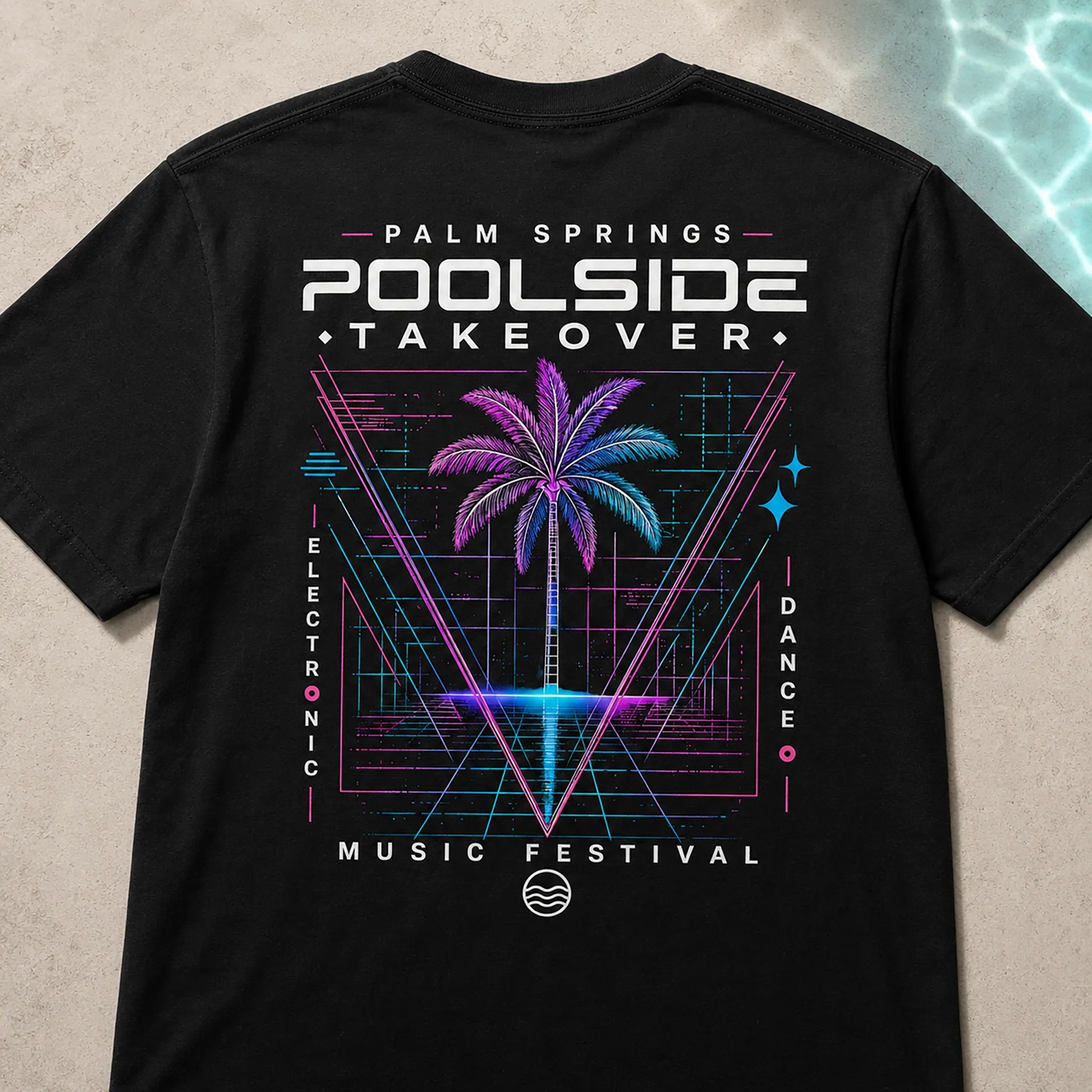 Close-up of the large Poolside Takeover Palm Tree V back graphic on a black Stay Wet tee