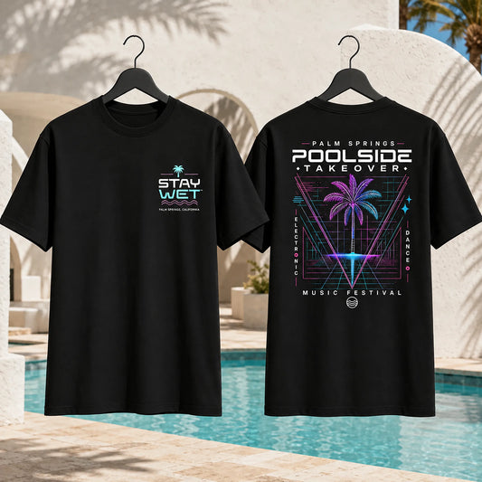 Black Stay Wet Poolside Takeover Palm Tree V tee showing the left-chest front and large back graphic
