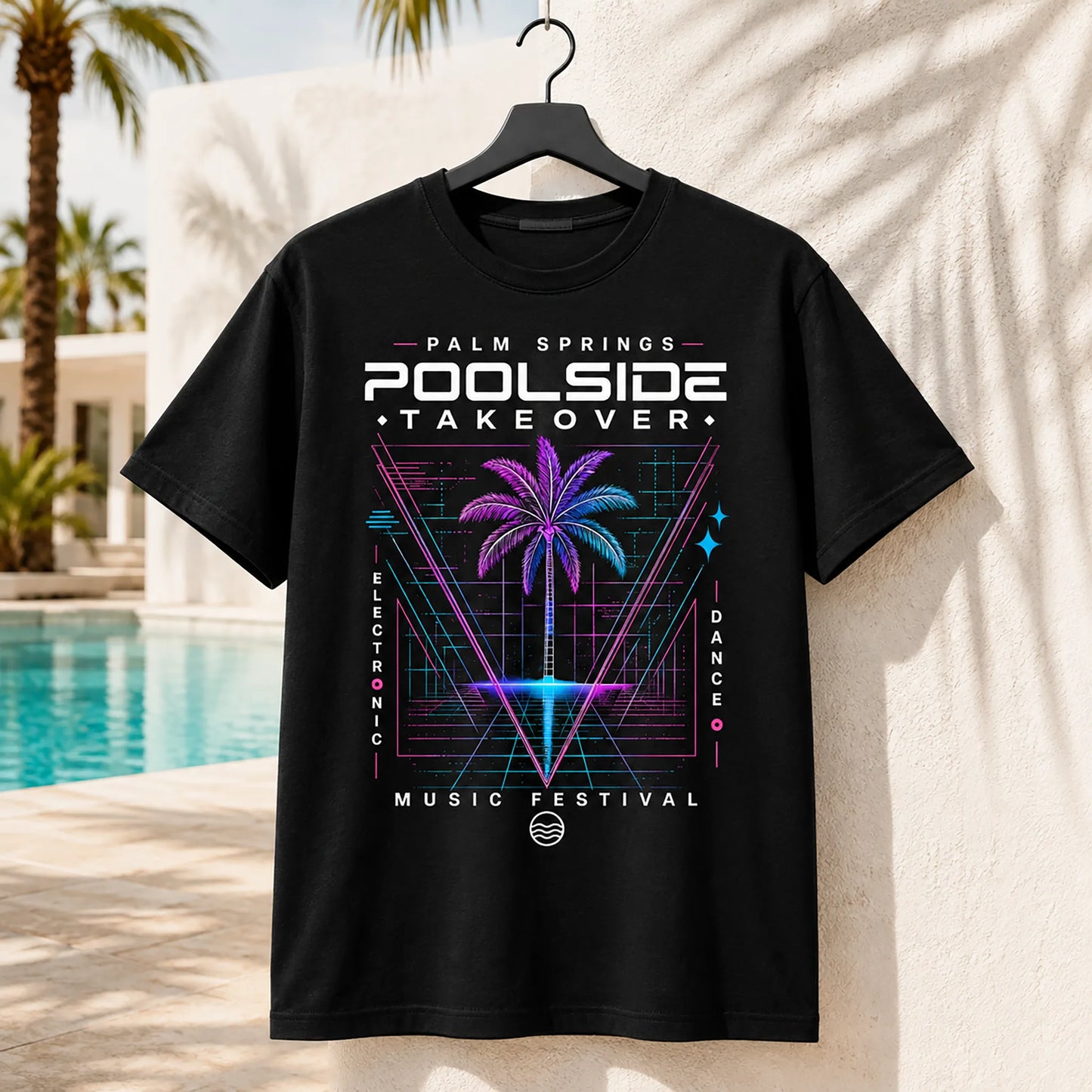 Black Stay Wet Poolside Takeover Palm Tree V front graphic tee, Palm Springs Special Edition