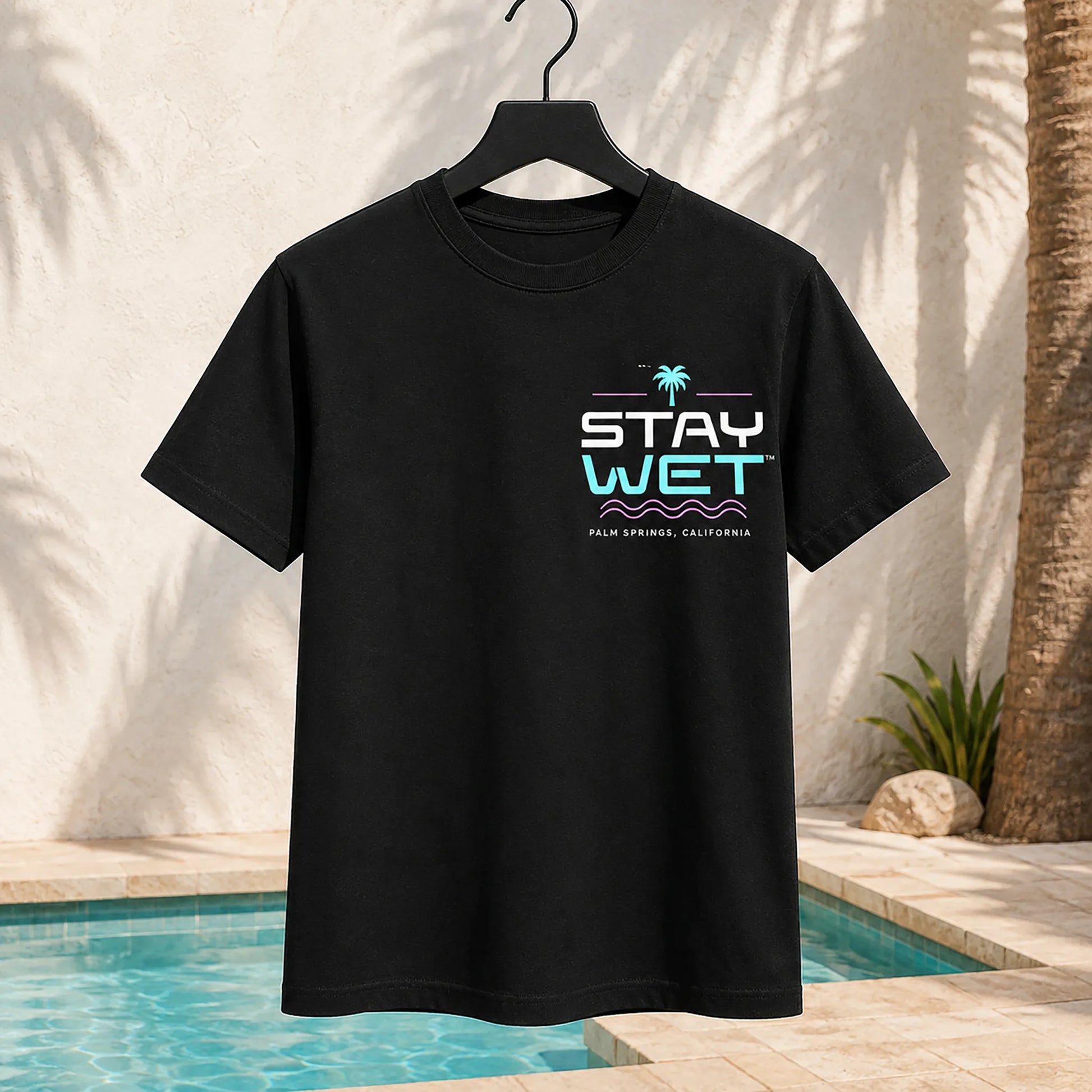Black Stay Wet Poolside Takeover Palm Tree V tee with small left-chest print, front view