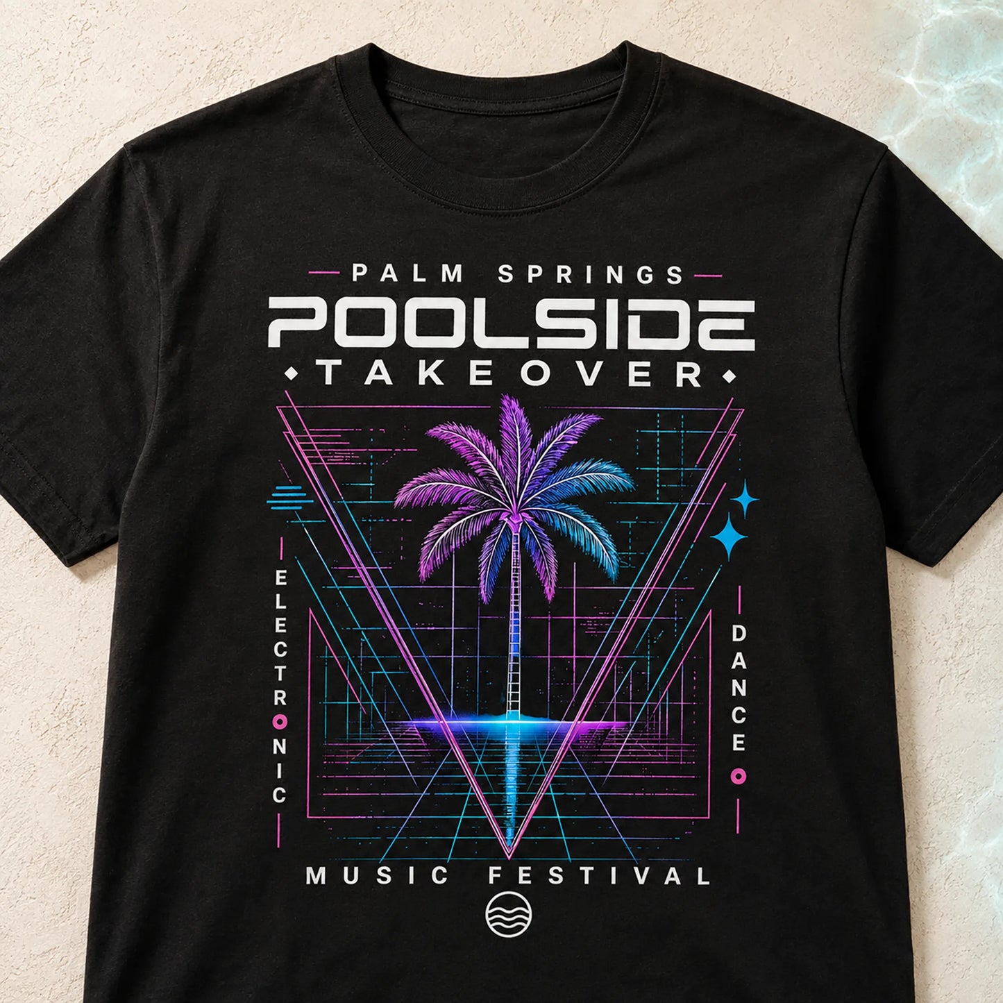 Close-up of the Poolside Takeover Palm Tree V neon graphic printed on a black Stay Wet tee