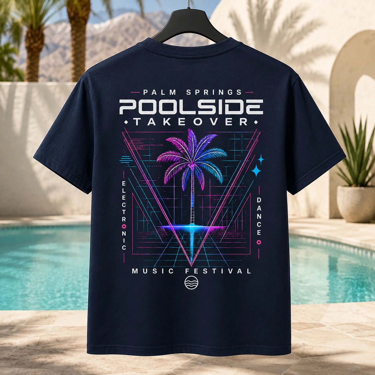 Navy Stay Wet Poolside Takeover Palm Tree V tee with large neon back graphic