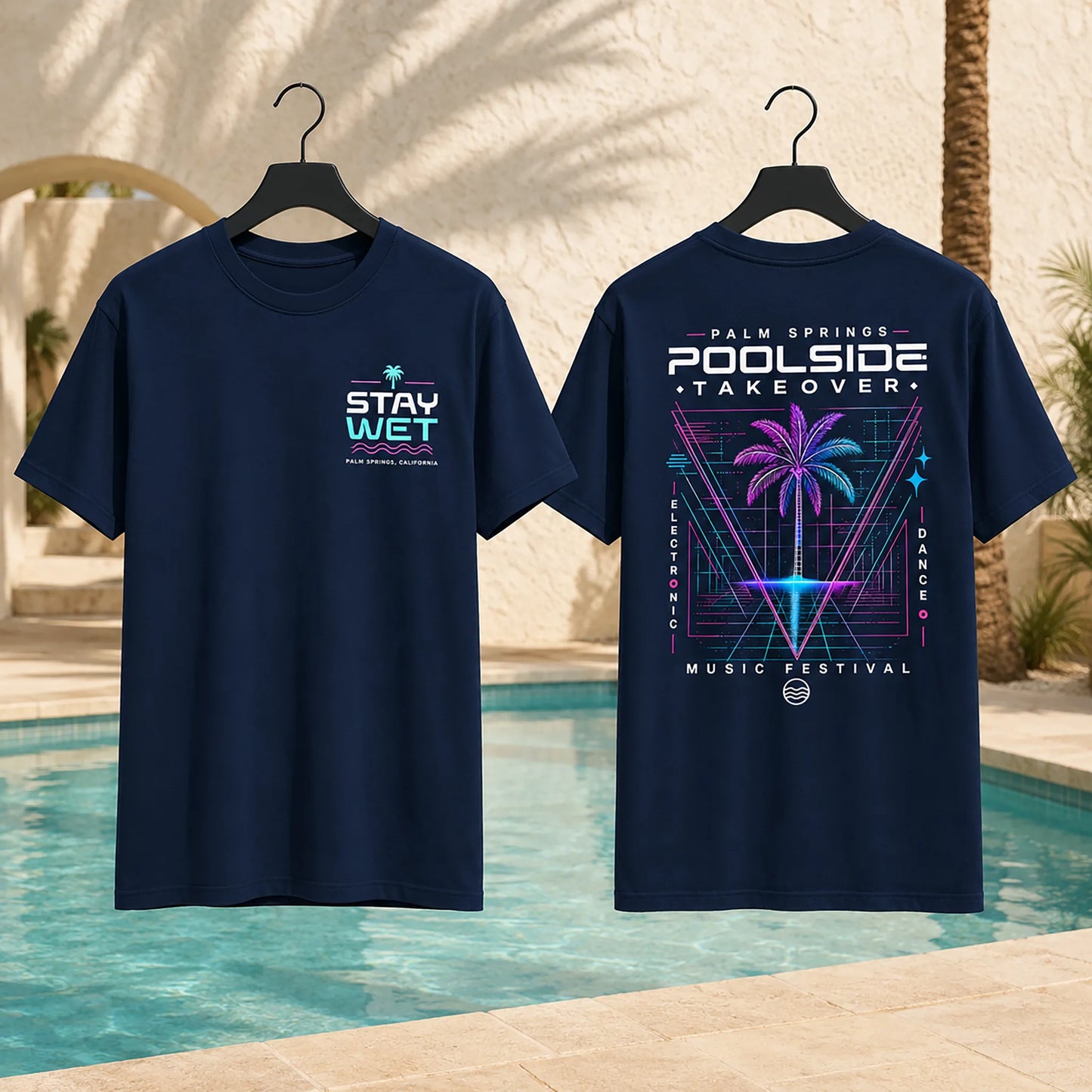 Navy Stay Wet Poolside Takeover Palm Tree V tee showing the left-chest front and large back graphic