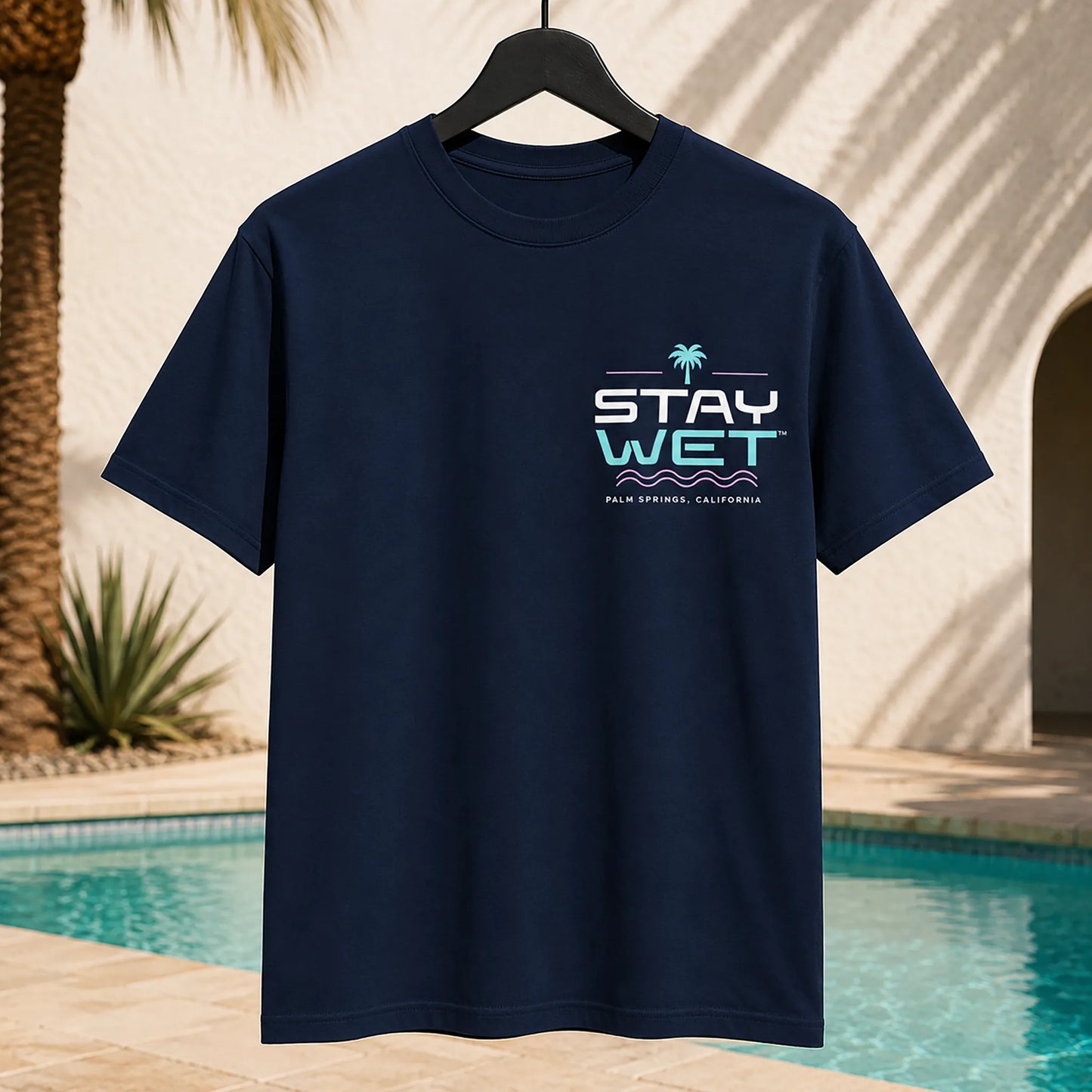 Navy Stay Wet Poolside Takeover Palm Tree V tee with small left-chest print, front view