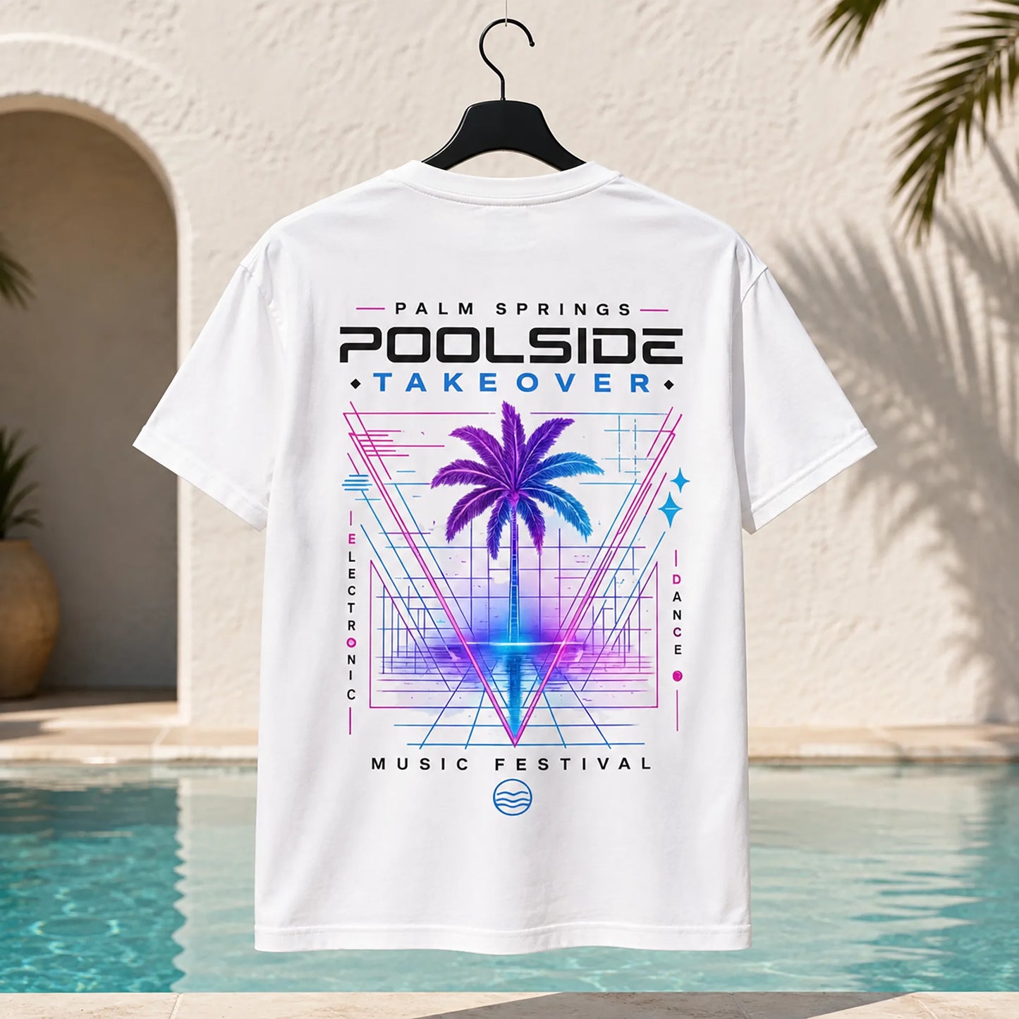 White Stay Wet Poolside Takeover Palm Tree V tee with large neon back graphic