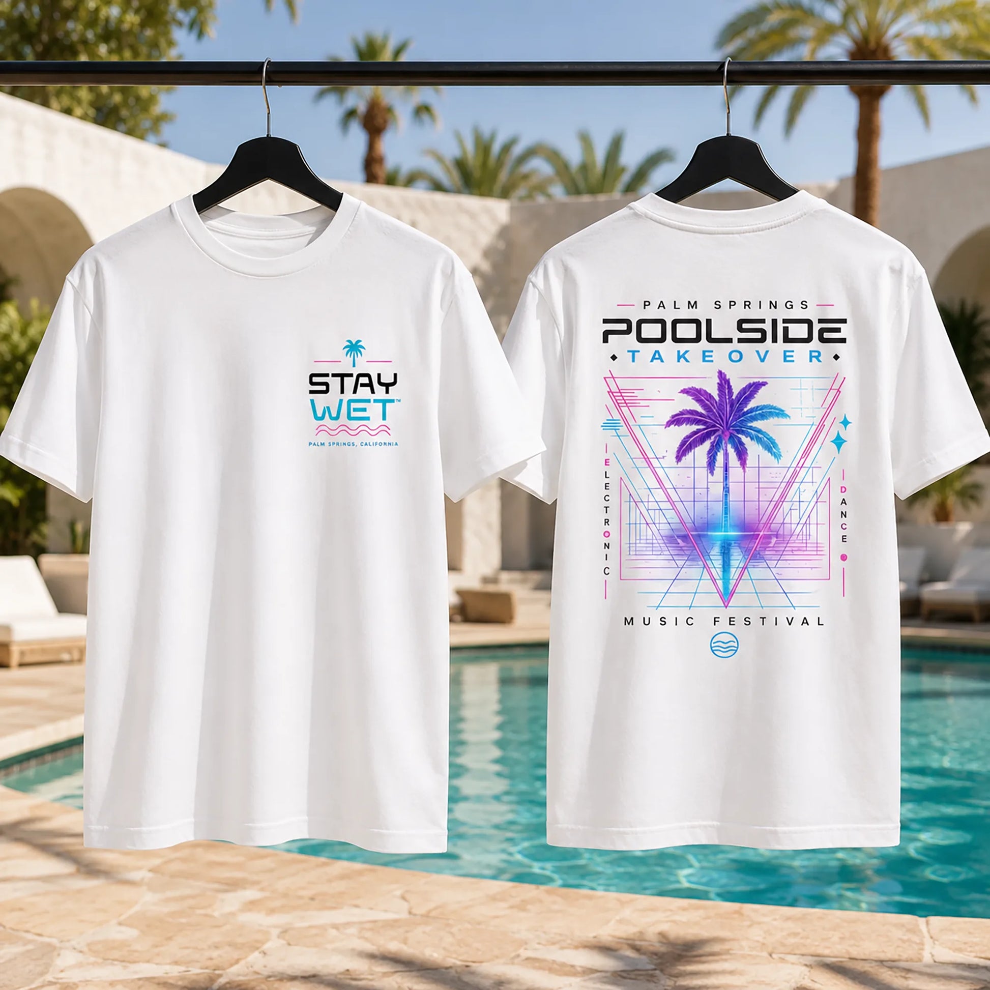 White Stay Wet Poolside Takeover Palm Tree V tee showing the left-chest front and large back graphic