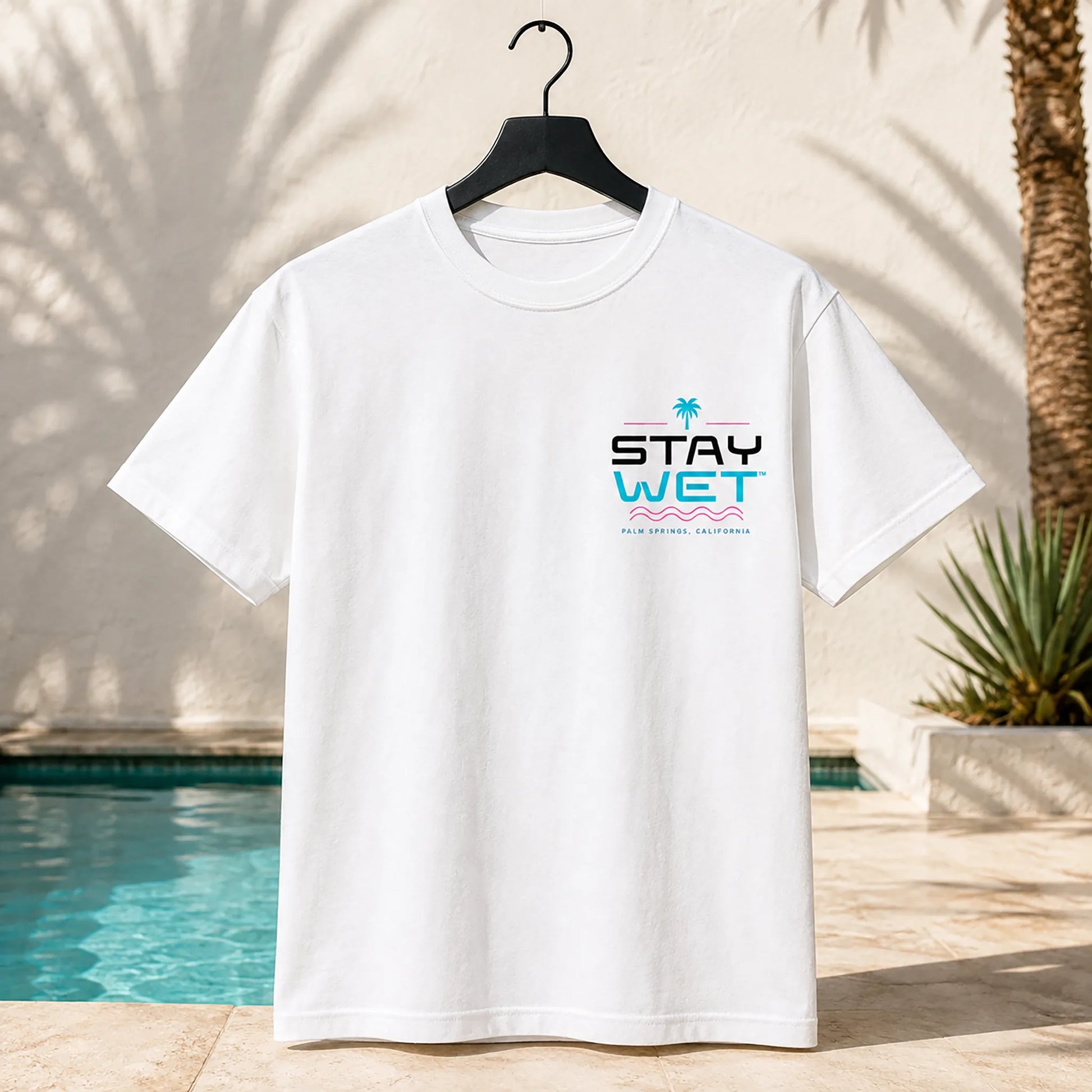 White Stay Wet Poolside Takeover Palm Tree V tee with small left-chest print, front view