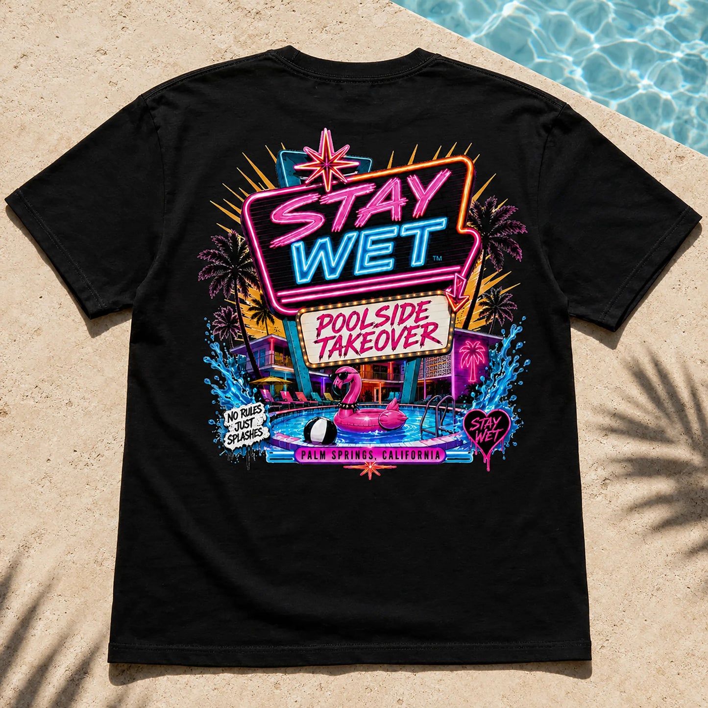 Close-up of the black Stay Wet Poolside Takeover Pink Flamingo tee showing the large neon back graphic