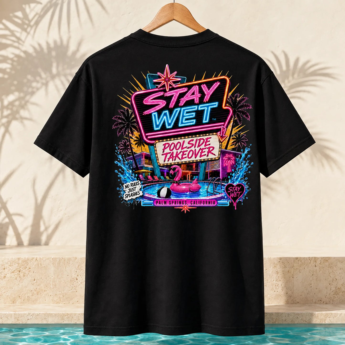 Black Stay Wet Poolside Takeover Pink Flamingo T-shirt mockup featuring the large neon back