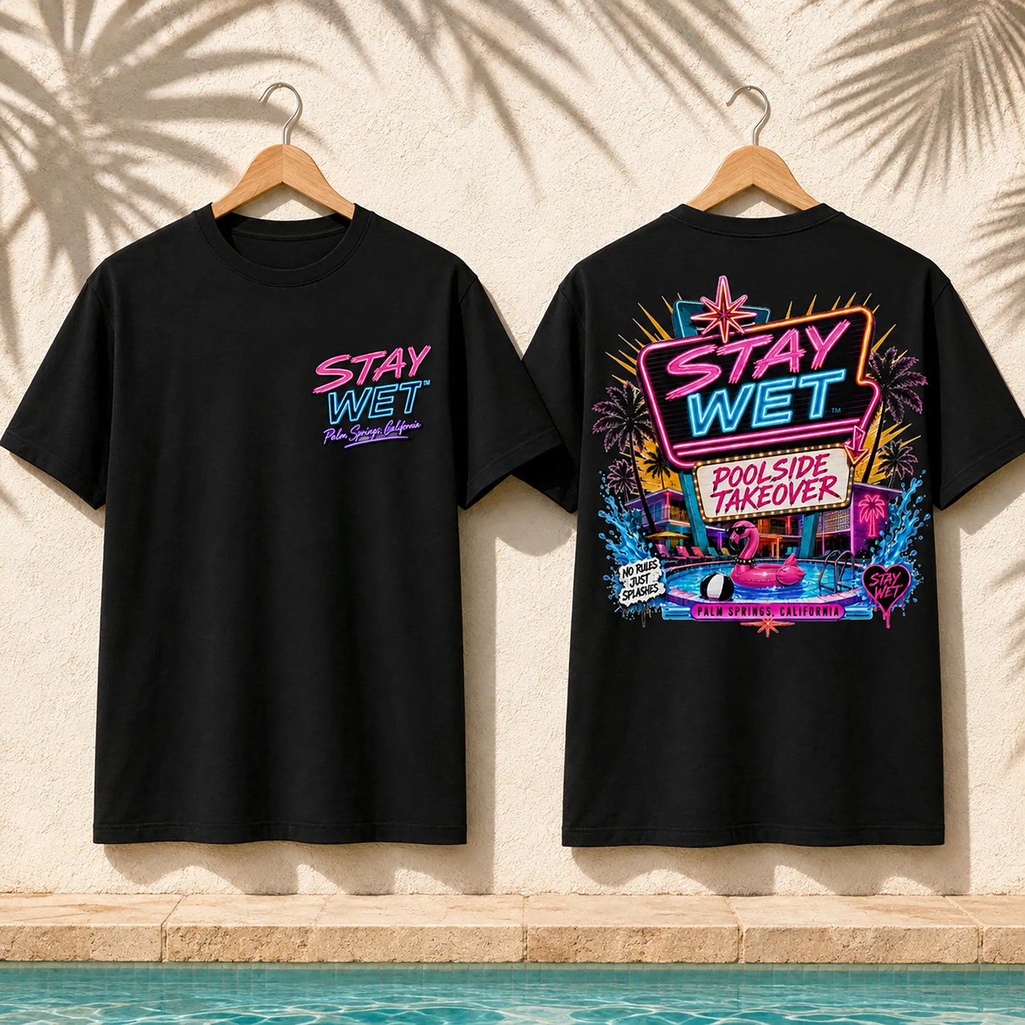 Black Stay Wet Poolside Takeover Pink Flamingo T-shirts paired to show the left-chest front print and large back graphic