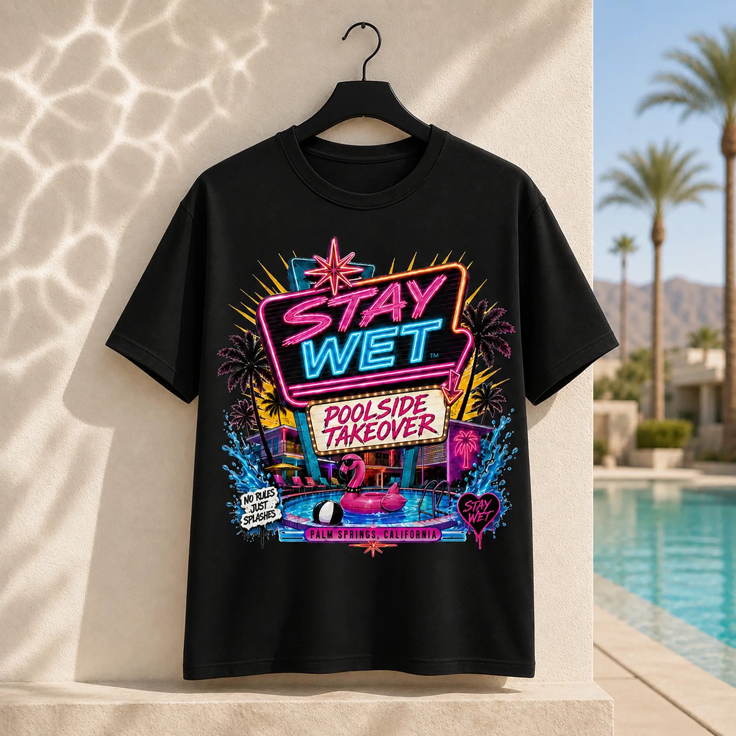 Black Stay Wet Poolside Takeover Pink Flamingo graphic tee featuring a large neon front print
