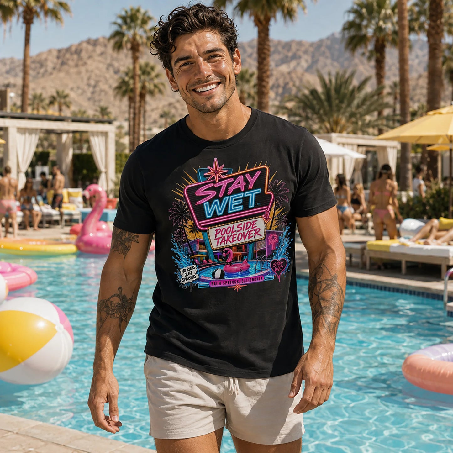 Mason Rivera wearing the black Stay Wet Poolside Takeover Pink Flamingo graphic tee at a Palm Springs pool party