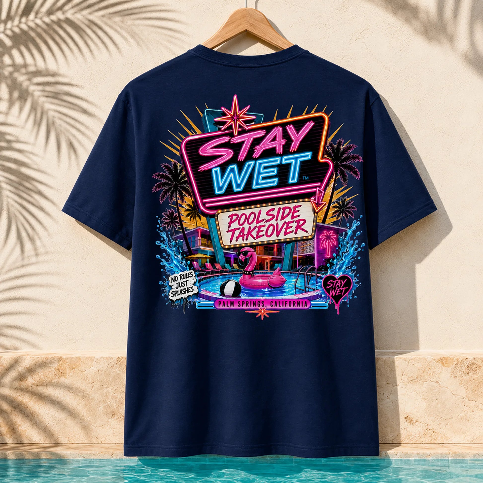 Navy Stay Wet Poolside Takeover Pink Flamingo front and back tee mockup showing the small left-chest print