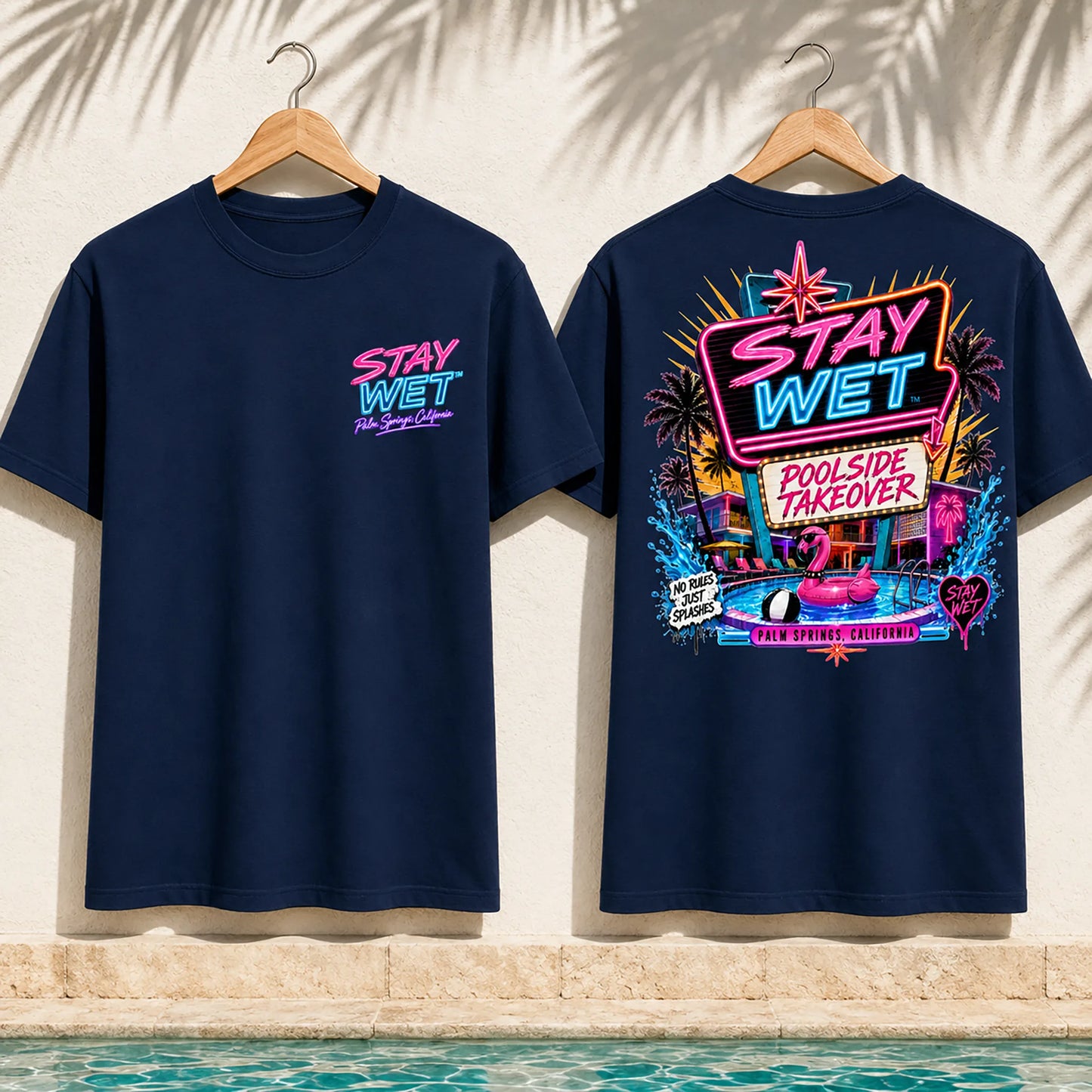 Navy Stay Wet Poolside Takeover Pink Flamingo T-shirts paired to show the left-chest front print and large back graphic