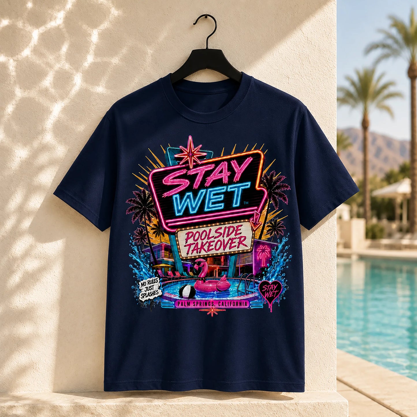 Navy Stay Wet Poolside Takeover Pink Flamingo front graphic T-shirt mockup