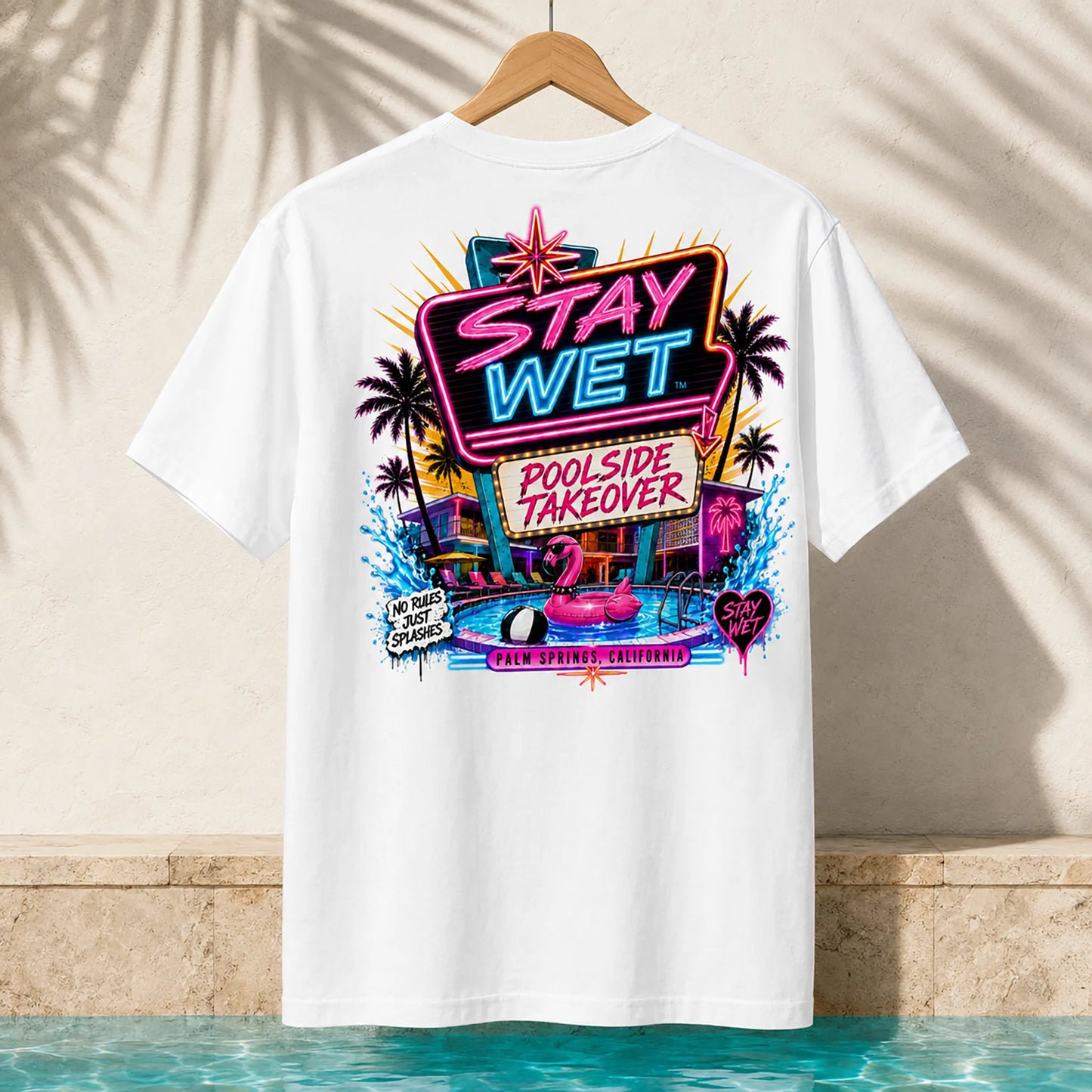 White Stay Wet Poolside Takeover Pink Flamingo T-shirt mockup featuring the large neon back graphic