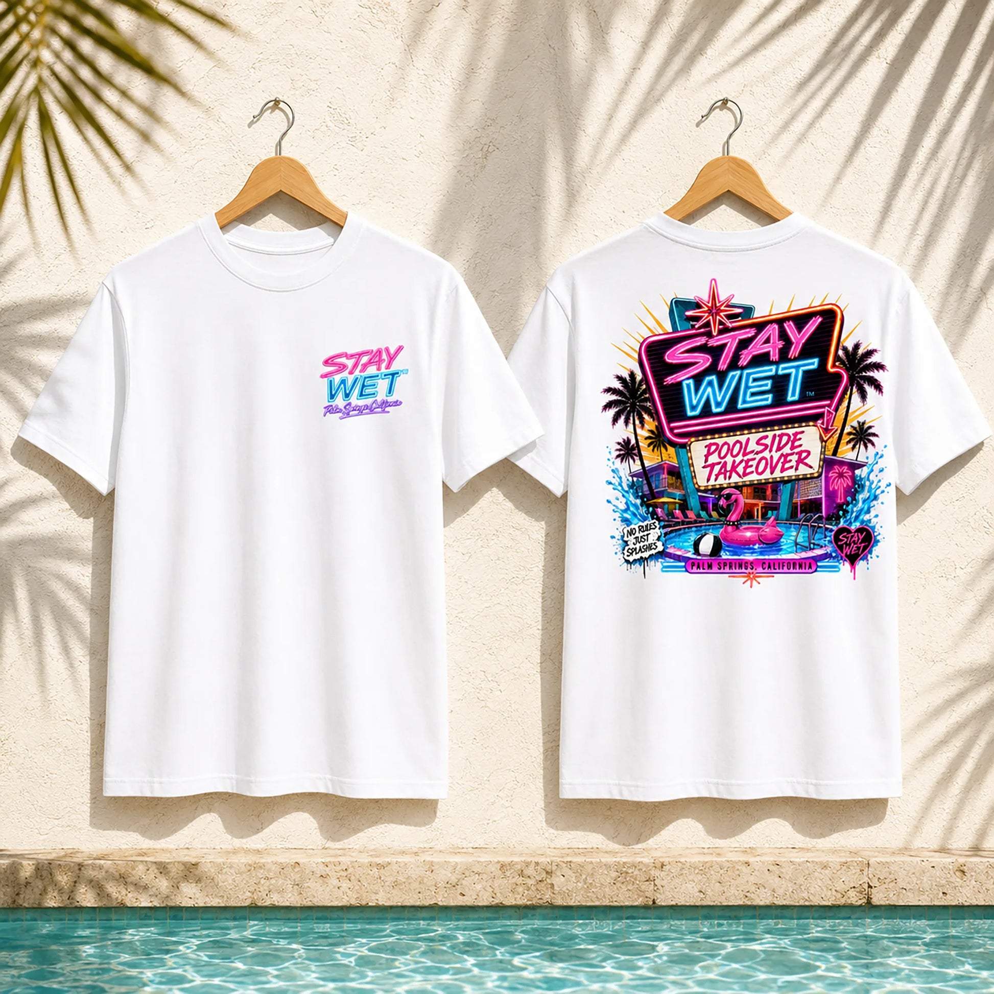 White Stay Wet Poolside Takeover Pink Flamingo front and back tee mockup showing the small left-chest print