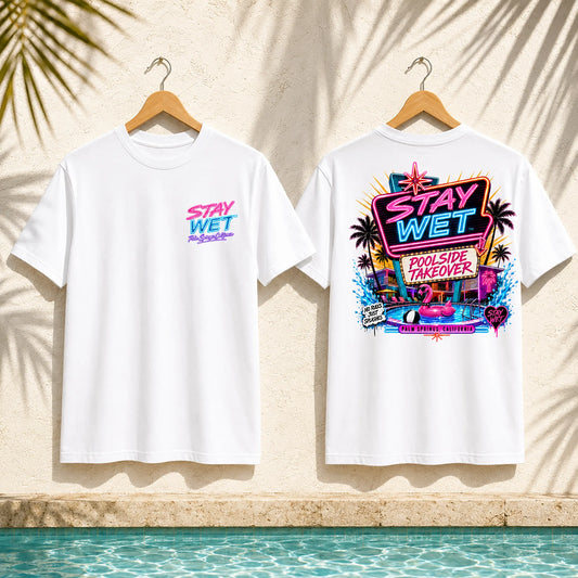 White Stay Wet Poolside Takeover Pink Flamingo front and back tee mockup showing the small left-chest print