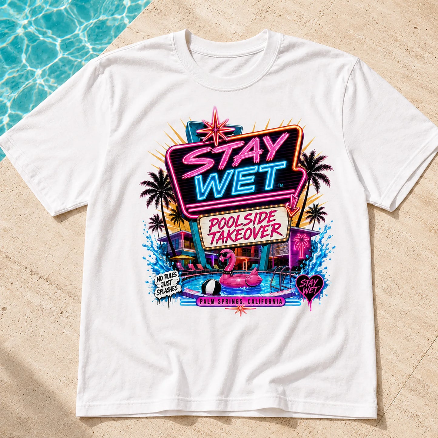 Close-up of the white Stay Wet Poolside Takeover Pink Flamingo graphic tee showing the large neon front print