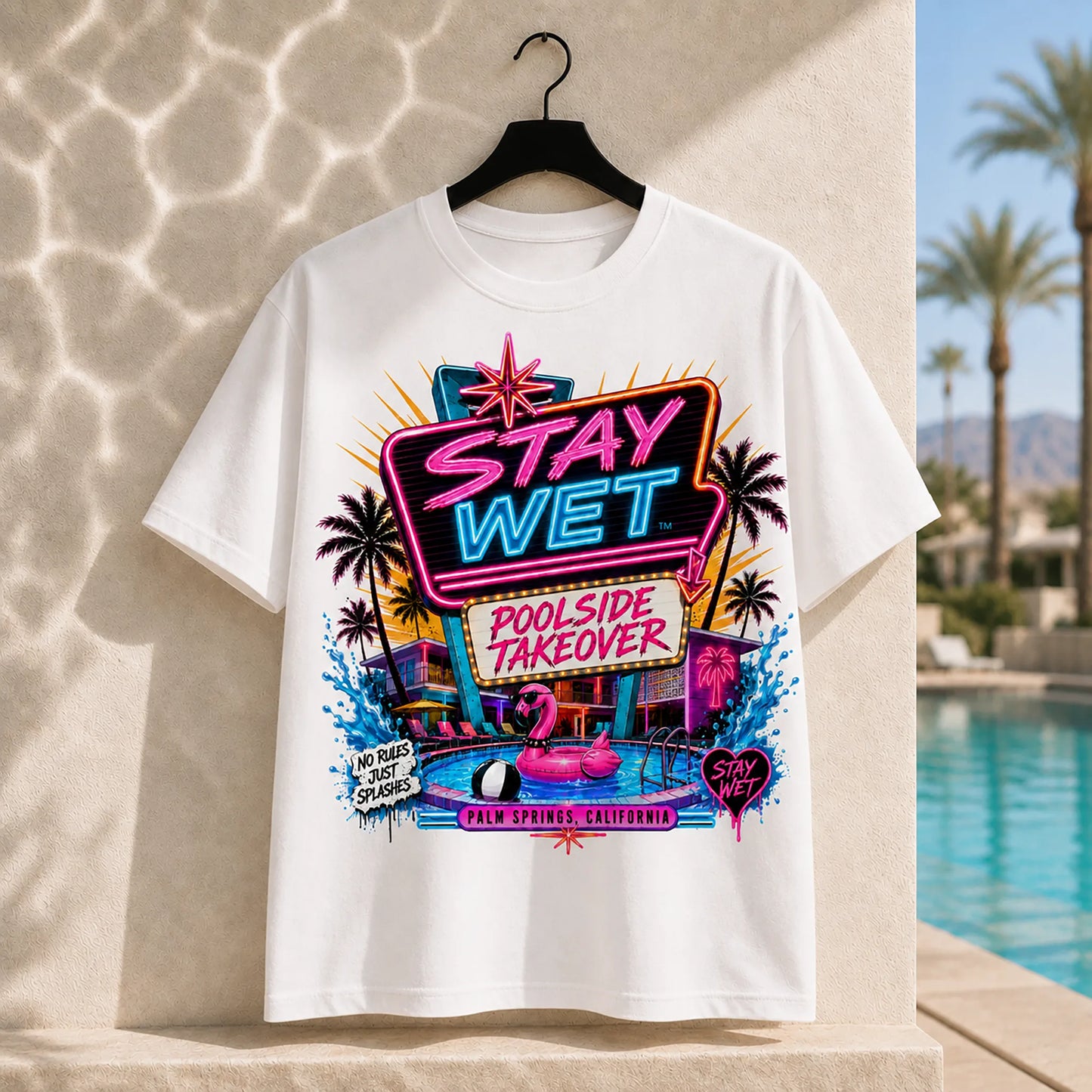 White Stay Wet Poolside Takeover Pink Flamingo front-print graphic T-shirt mockup