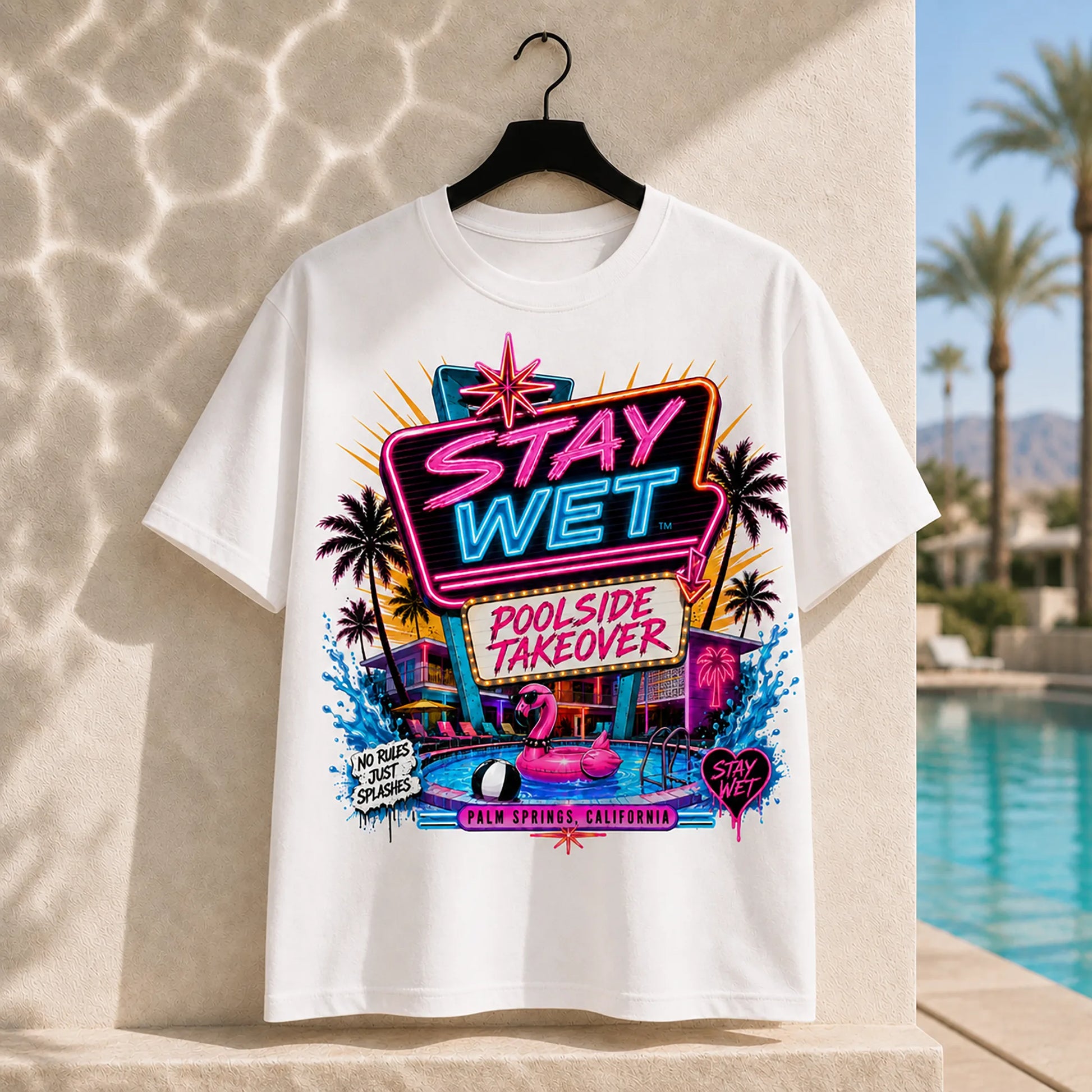 White Stay Wet Poolside Takeover Pink Flamingo front-print graphic T-shirt mockup