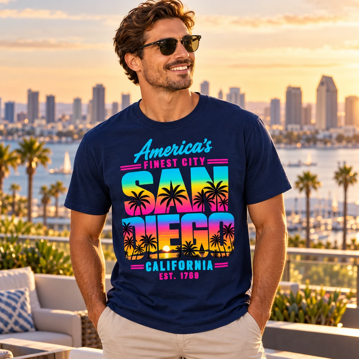 Male model wearing a navy Big San Diego graphic tee overlooking downtown San Diego