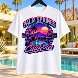 White Palm Springs Modern graphic T-shirt displayed in a sunny Palm Springs poolside setting