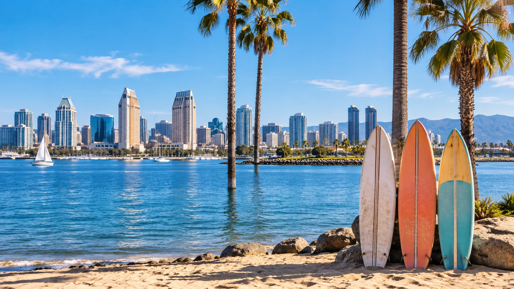 San Diego waterfront with palm trees, surfboards and the downtown skyline