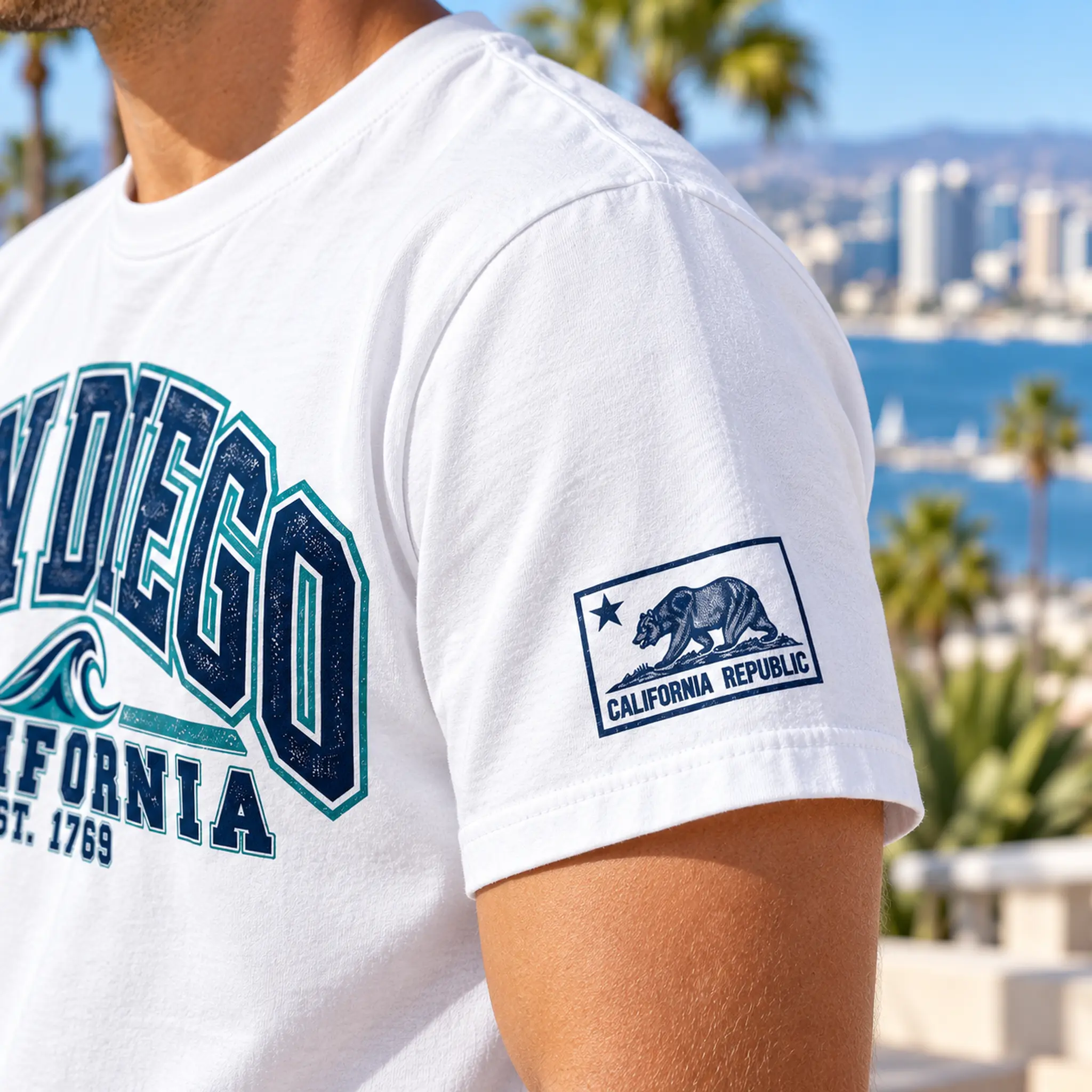 – California Flag Sleeve Detail Close-up of the California Republic bear flag printed on the left sleeve of the white San Diego Wave tee.