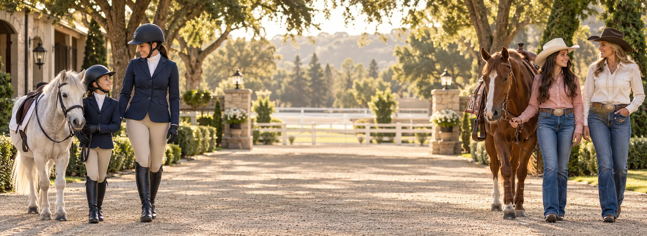 English and Western riders of different ages with their horses at a sunlit equestrian estate.