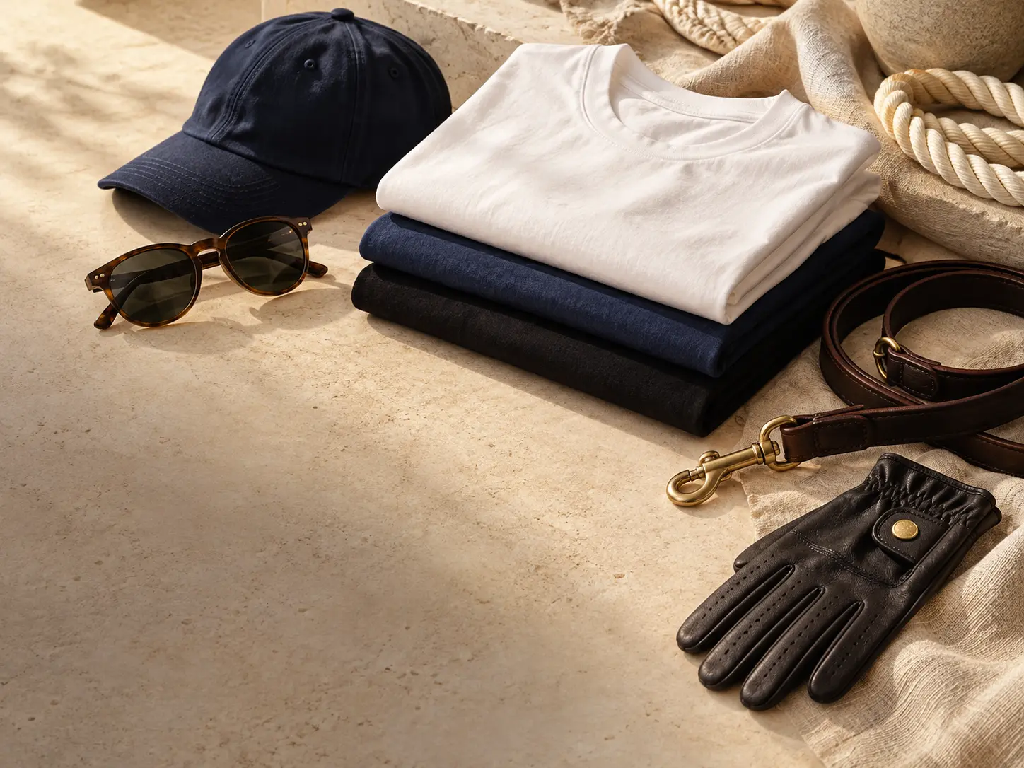 Curated JTS Couture new arrivals with folded shirts, a navy cap and lifestyle accessories.
