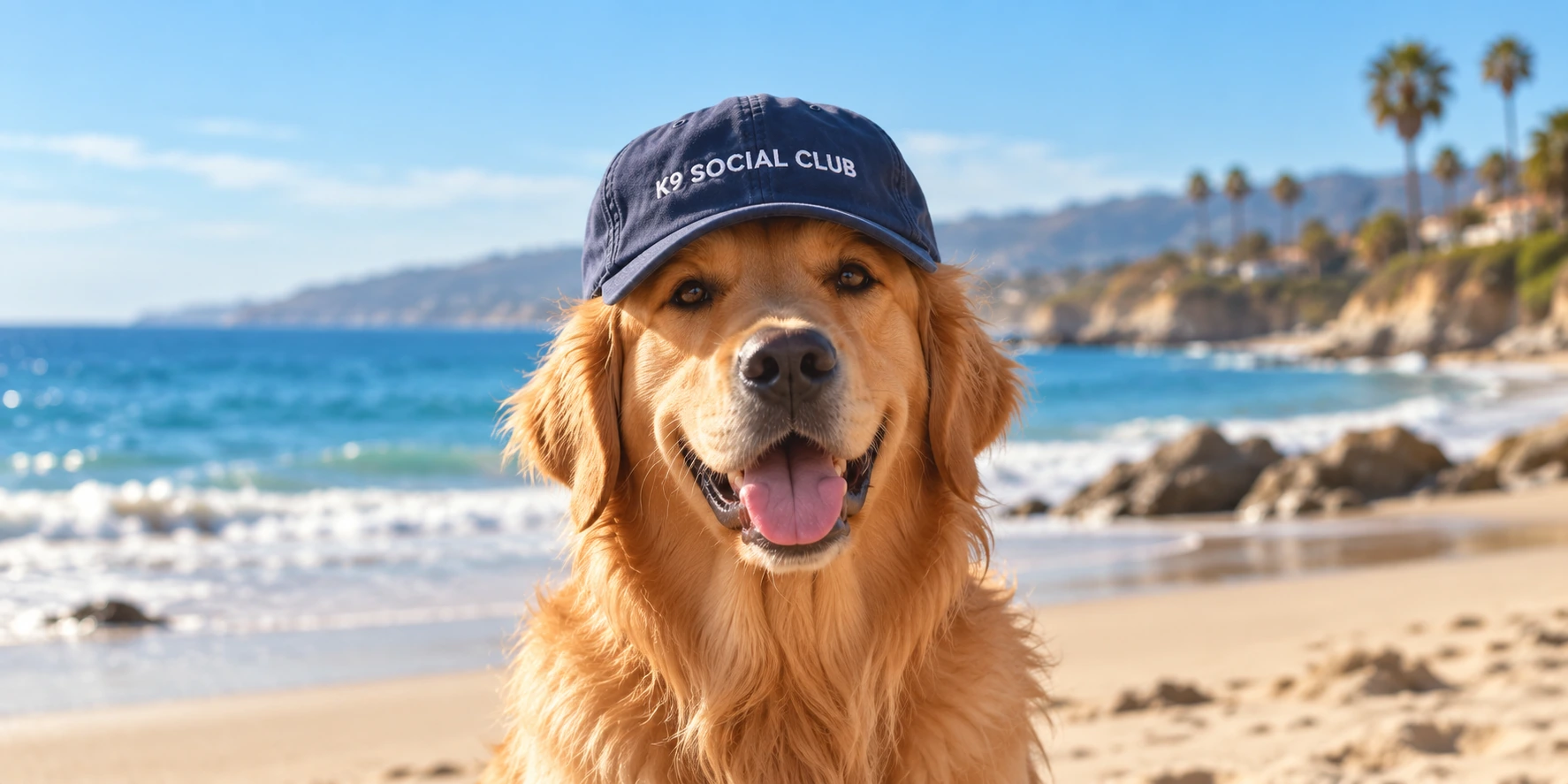 Golden retriever wearing a K9 Social Club cap at a sunny beach