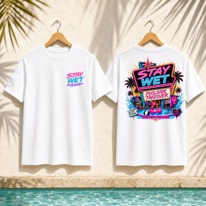 White Stay Wet Pink Flamingo tee shown from the front and back