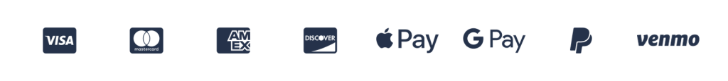 Accepted payments: Visa, Mastercard, American Express, Discover, Apple Pay, Google Pay, PayPal and Venmo