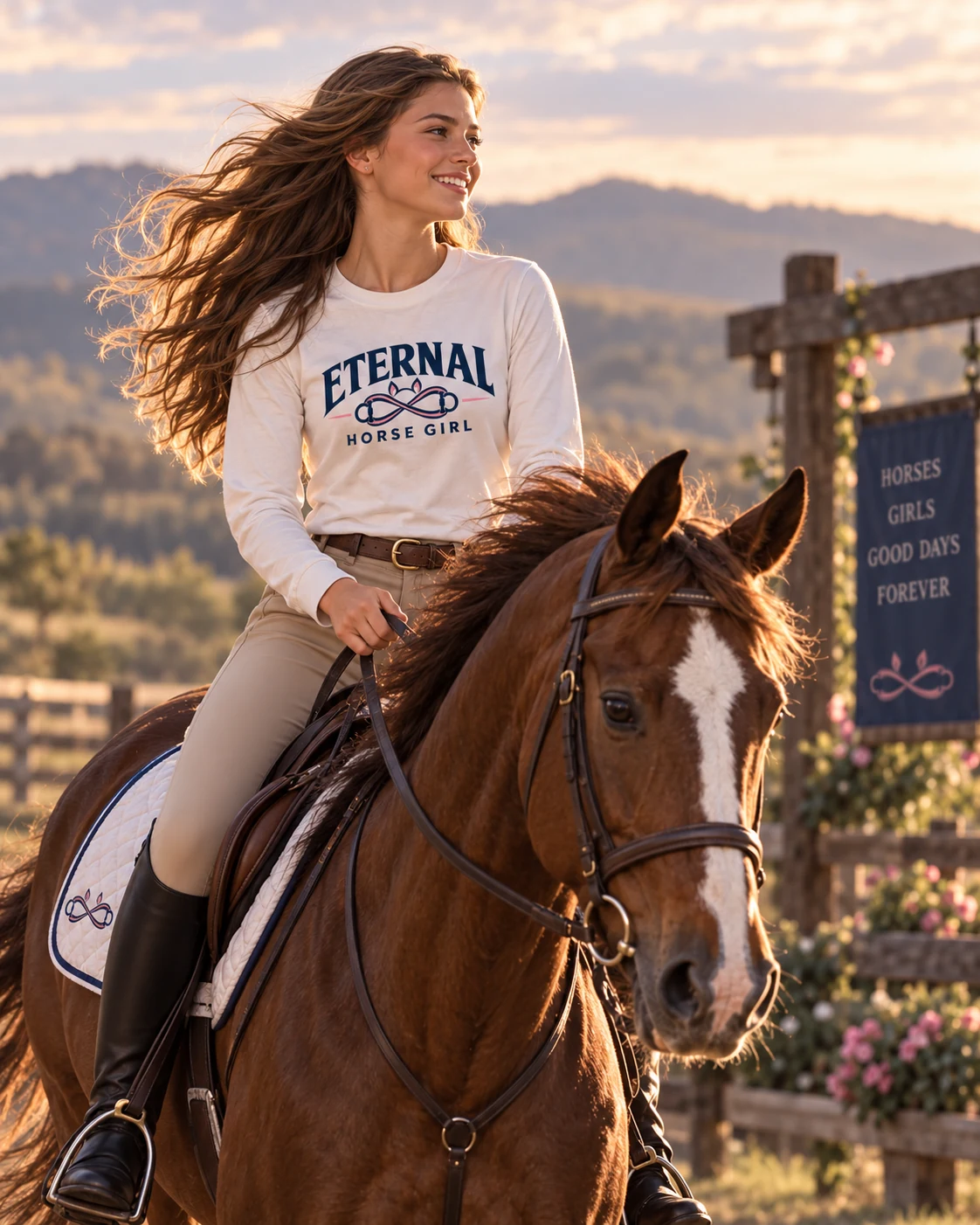 Woman riding a horse in an Eternal Horse Girl Signature long sleeve shirt