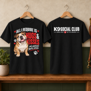 Black English Bulldog T-shirt with Hugs & Kisses artwork on the front and the K9 Social Club logo across the upper back.
